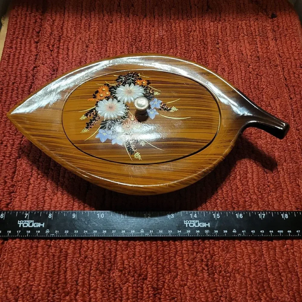 Vintage Westland Serving Dish Lacquered Black/Faux Wood Floral Raised Petals Lid